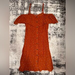 Burnt Orange Off The Shoulder Button Up Dress